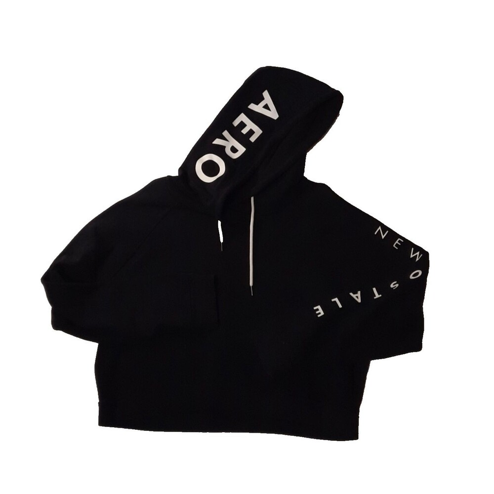 Aeropostale New York City Crop Hoodie Black Sleeve Spellout Sweatshirt XL EUC